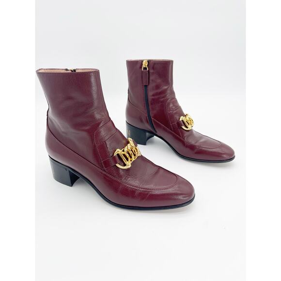 Gucci Shoes - Gucci Burgundy Leather Chain Horsebit Kitten Block Heel Ankle Boots EU 37